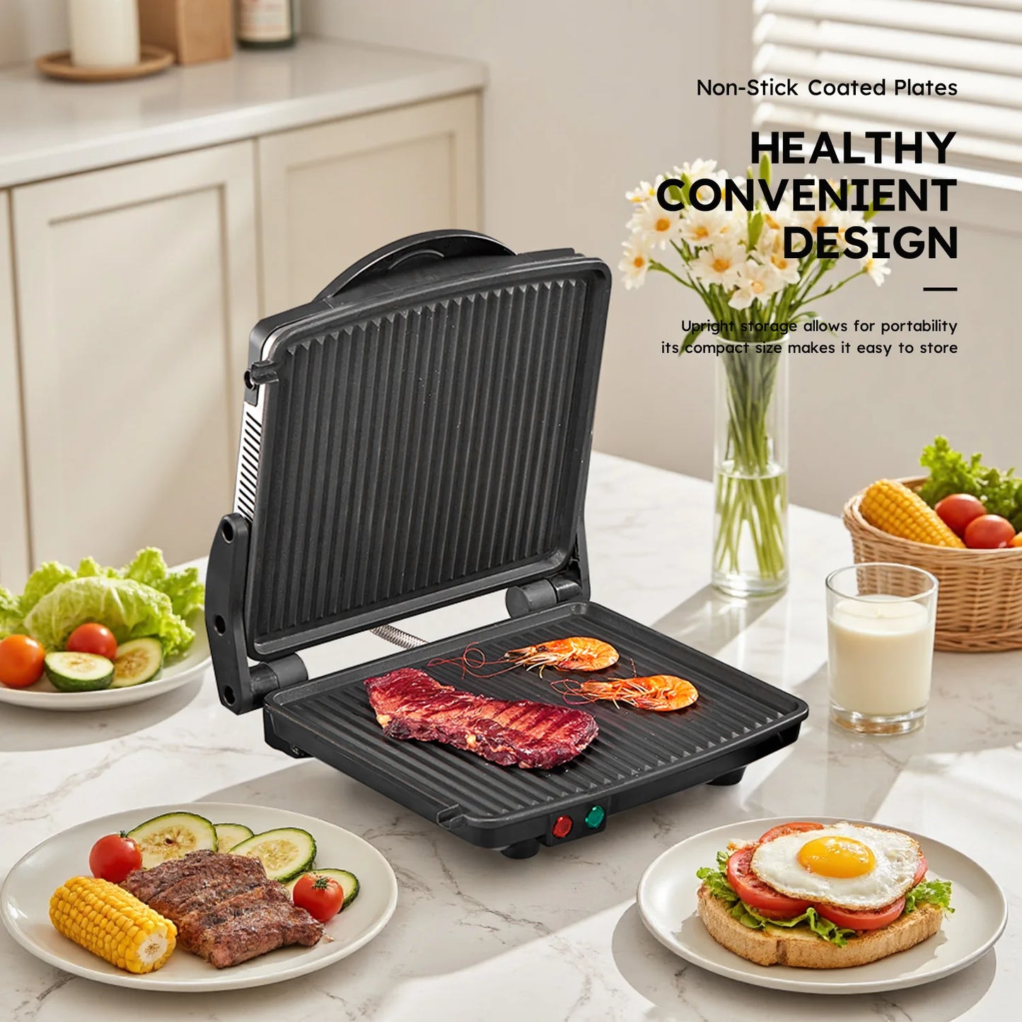 Stainless Steel Panini Press & Sandwich Maker | Non-Stick Indoor Electric Grill with Detachable Drip Tray, Easy to Clean for Gourmet Sandwiches