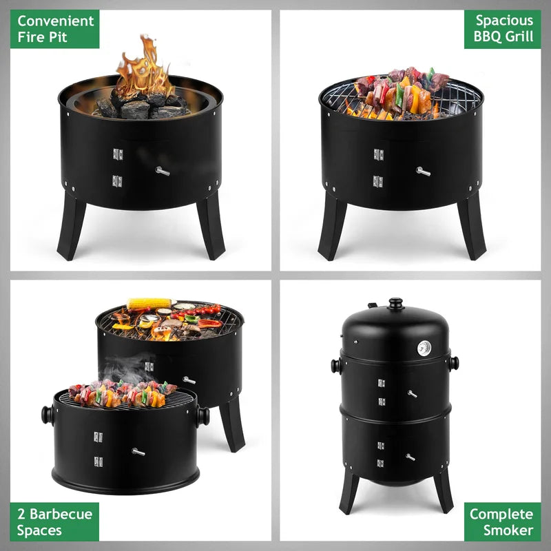 Charcoal Smoker Grill 3-in-1 Outdoor Vertical Smoker Portable Meat Cooking Appliance