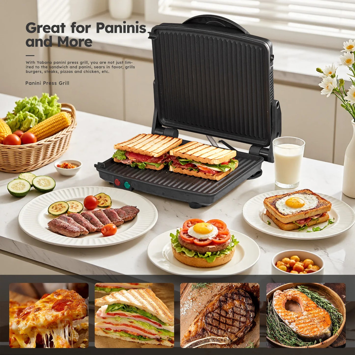 Stainless Steel Panini Press & Sandwich Maker | Non-Stick Indoor Electric Grill with Detachable Drip Tray, Easy to Clean for Gourmet Sandwiches