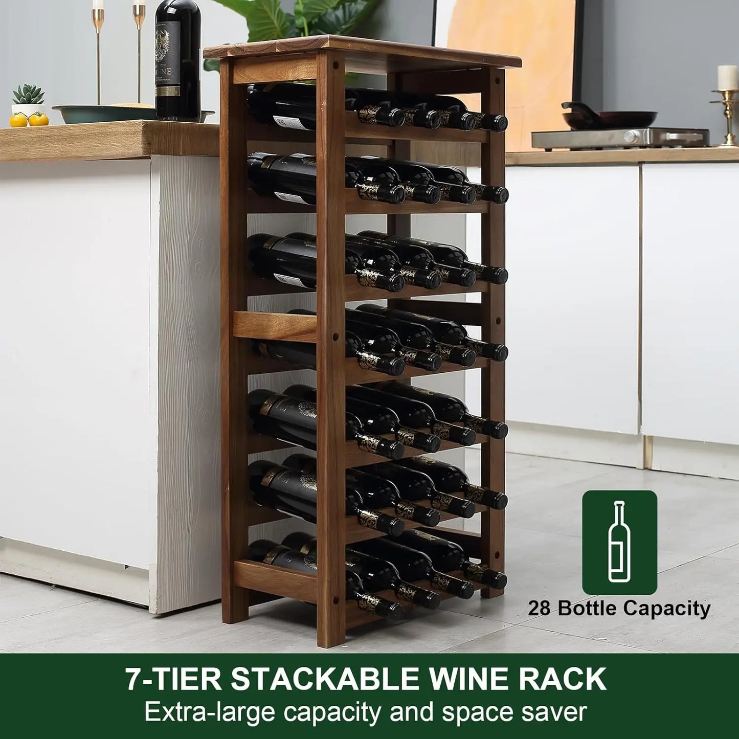 Wine Rack Wood Floor Standing 28 Bottles - 7 Tier Wooden Wine Holder Storage Organizer for Kitchen, Pantry, Wine Cellar