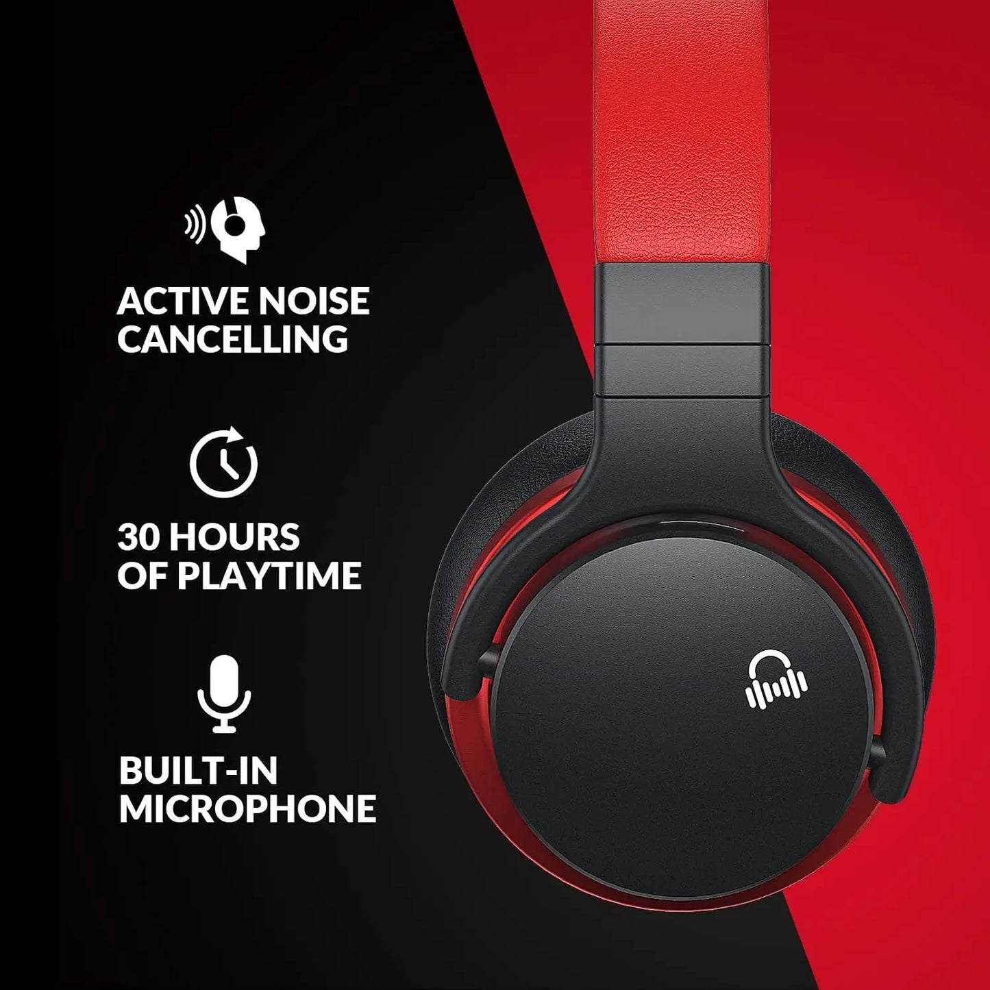 Active Noise Cancelling Headphones, Wireless Bluetooth Over-Ear, HD Sound, Deep Bass, 30H Battery, for Home Office Travel