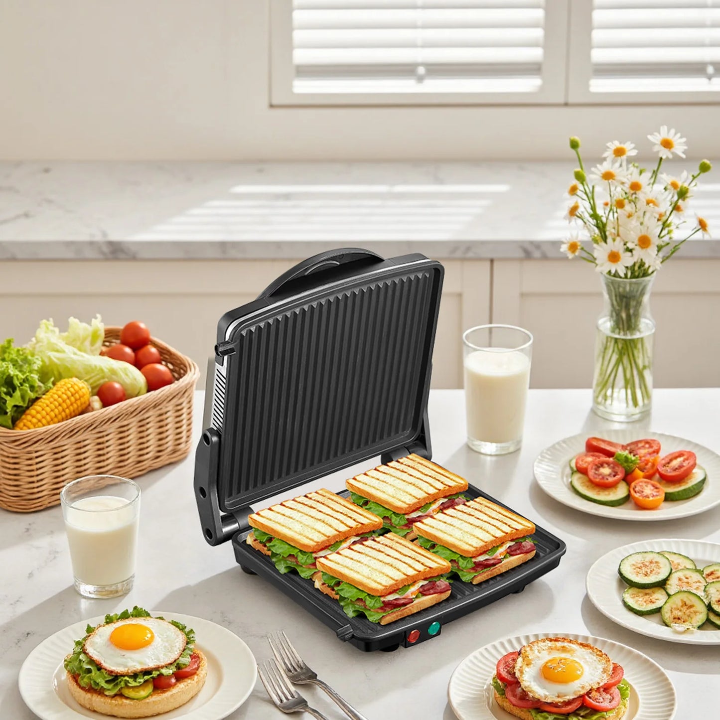 Stainless Steel Panini Press & Sandwich Maker | Non-Stick Indoor Electric Grill with Detachable Drip Tray, Easy to Clean for Gourmet Sandwiches