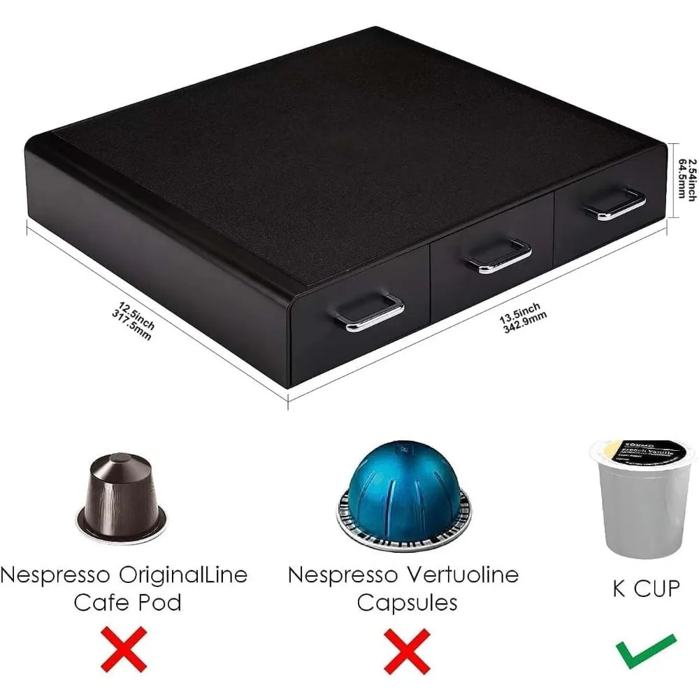 36-Slot Coffee Pod Storage Drawer, 3 Easy-Open Drawers, Black, Compact Design