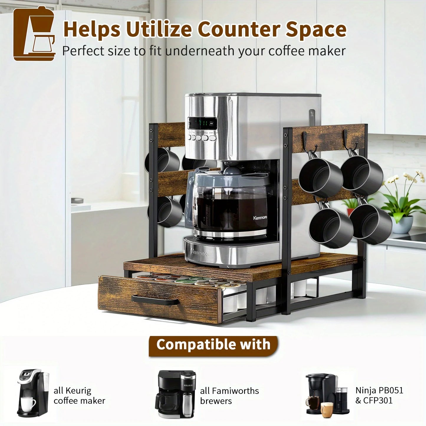 coffee pod Holder Drawer with Mug Rack – Compact Coffee Pod Organizer for Countertop, Sturdy Storage for Up to 35 Pods, Fits Most Sin