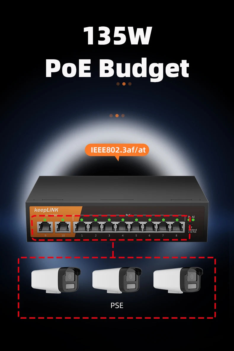 KeepLiNK 10-Port Gigabit Ethernet Switch with 8-PoE Ports and 2-RJ45 Copper Uplink Plug and Play