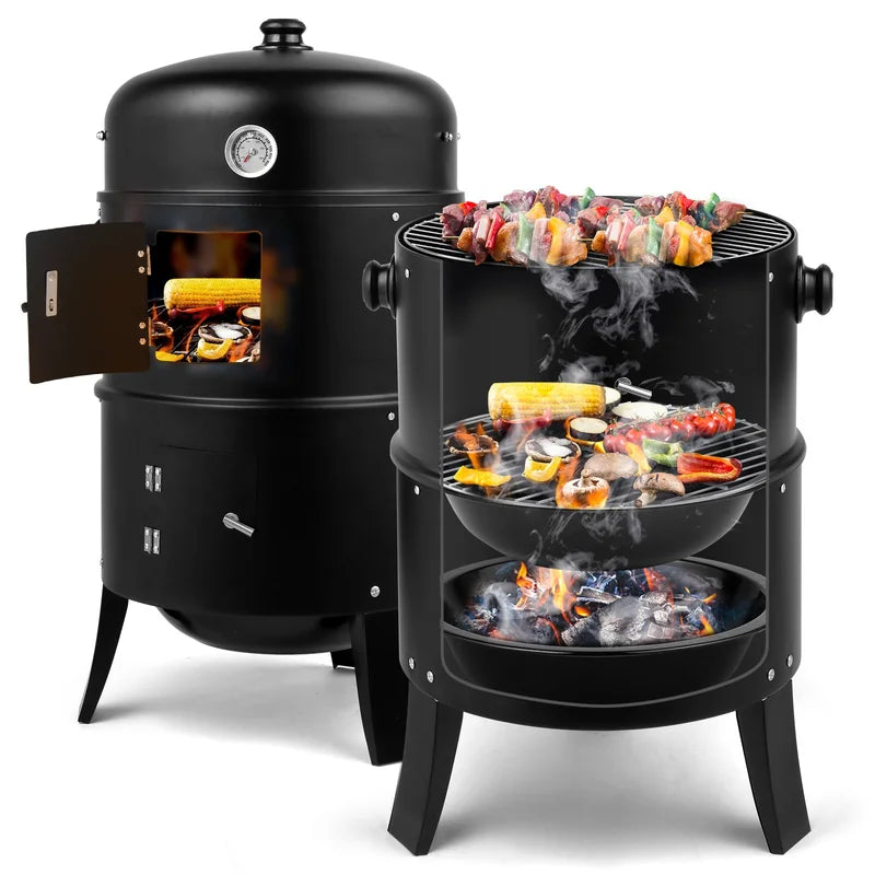 Charcoal Smoker Grill 3-in-1 Outdoor Vertical Smoker Portable Meat Cooking Appliance