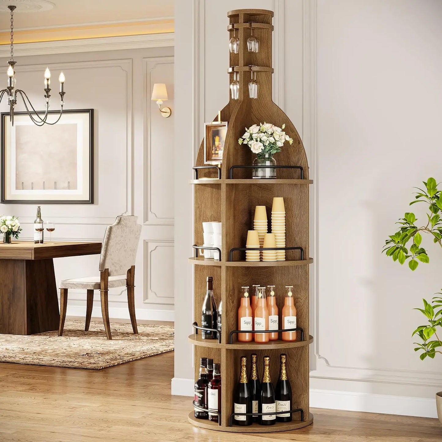 75 Inch Tall Freestanding Round Wine Storage Cabinet in Brown, Industrial Style Liquor Display Rack with Multi-Tier Storage Shelves & Built-In Hanging Goblet Holder, No Light Beverage Bar Station for Living Room & Basement