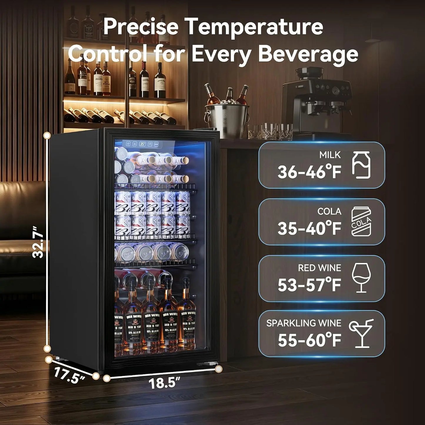 130 Can Mini Beverage Fridge with Glass Door, Cooler Refrigerator for Wine Beer Drink, Adjustable, Custom