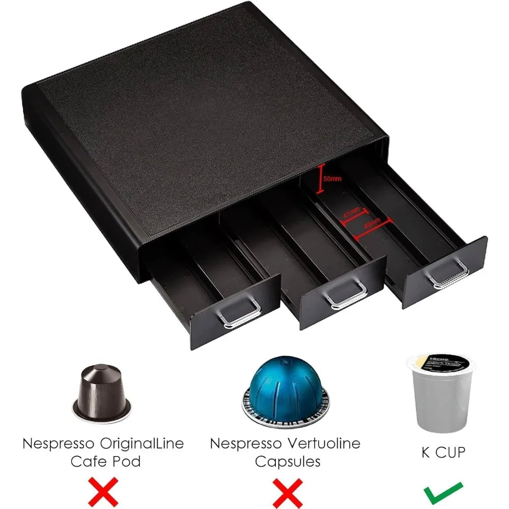 36-Slot Coffee Pod Storage Drawer, 3 Easy-Open Drawers, Black, Compact Design