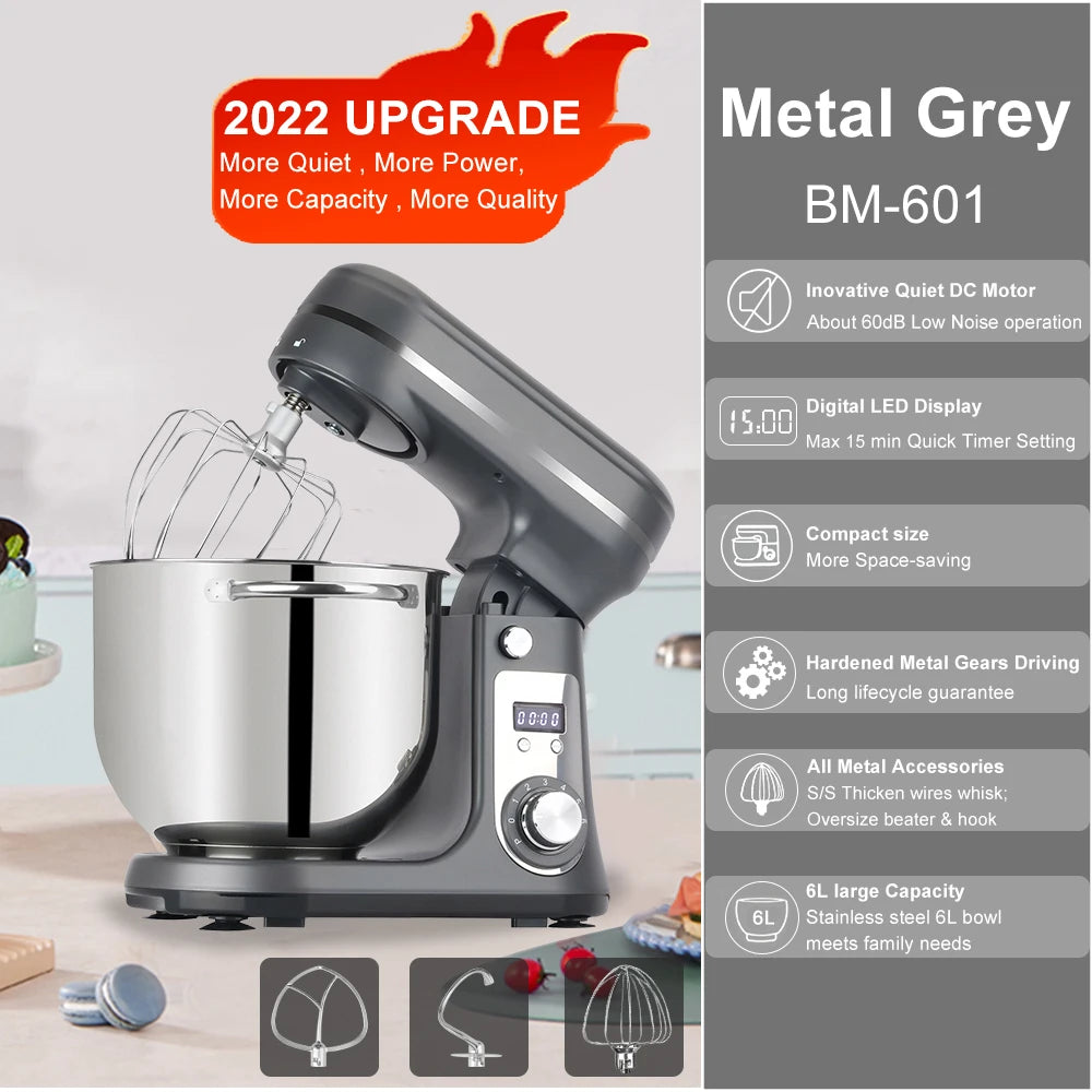 Kitchen Food Stand Mixer, Blender, Quiet Motor, Cream Egg Whisk, Whip Dough Kneader, 6-Speed, 1200 W, 6 L, DC