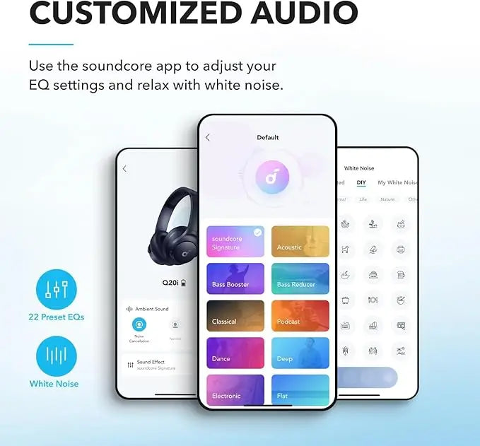 Hybrid ANC Headphones - Wireless Over-Ear BT - 40H Long ANC Playtime - Hi-Res Audio - Big Bass - Customize via an App - Transparency Mode (Refurbished)