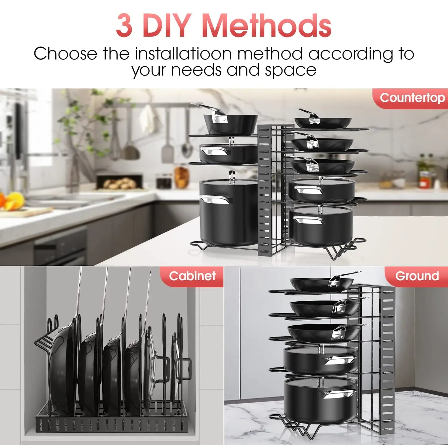 Pot Rack Organizer, 8 Tier Pots and Pans Organizer for Kitchen Organization & Storage, Adjustable Pot Lid Holders & Pan Rack
