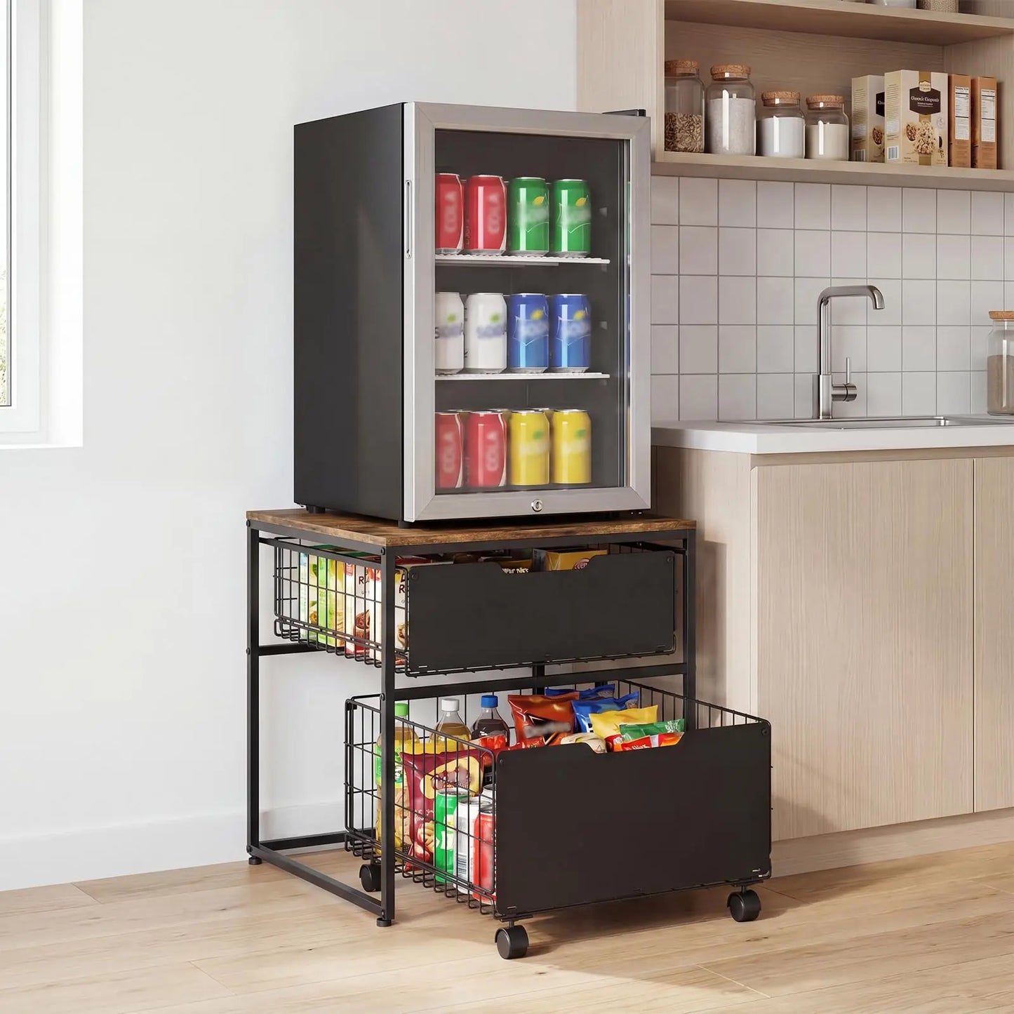 Small Fridge Stand With Metal Storage Drawer Basket And Steel Frame 4 Wheels 300 Lbs Capacity Brown Compact Multi-Functional Kitchen Organizer Table For Mini Fridge In Dorm And Office