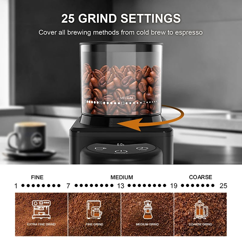 Electric Coffee Bean Grinder with 25 Grind Setting for French Espresso Touchscreen Dual Modes Grinding