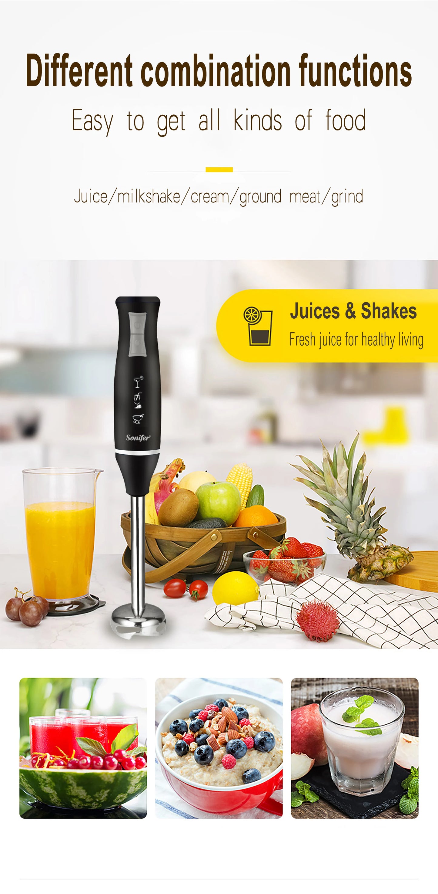 3 in 1 Immersion Blender Hand Food Mixer Includes Chopper and 700ml Smoothie Cup Stainless Steel Ice Blades Whisk Sonifer
