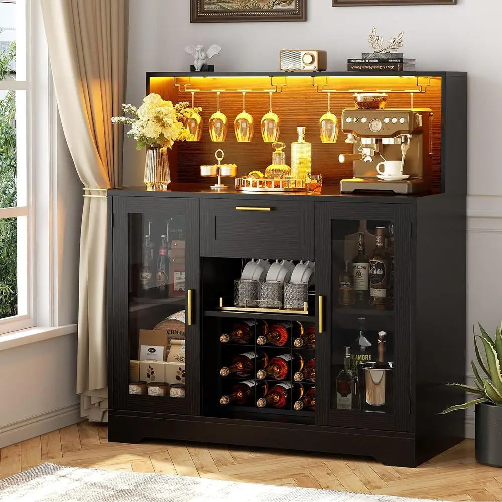 Wine Bar Cabinet with LED Light, Liquor Cabinet with Wine Rack and Glass Holder, Coffee Bar Cabinet, Sideboard Table