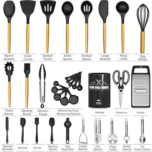 Kitchen Utensils Set- 34PCS Silicone Cooking Utensils With Holder, Heat Resistant Kitchen Utensil Spatula Set For Nonstick Cookware, Black Wooden Handles Kitchen Gadgets Tools Set - Perfect For Thanksgiving, Christmas, New Ye
