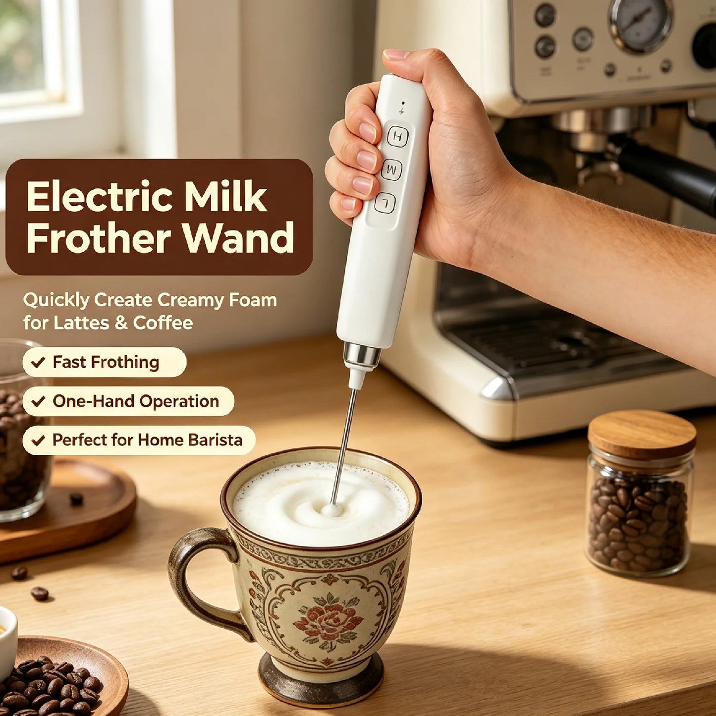 2.5W Rechargeable Handheld Milk Frother, 3 Speed Adjustable Electric Egg Beater Mixer, Stainless Steel Mini Frother Wand for Coffee, Protein Shakes