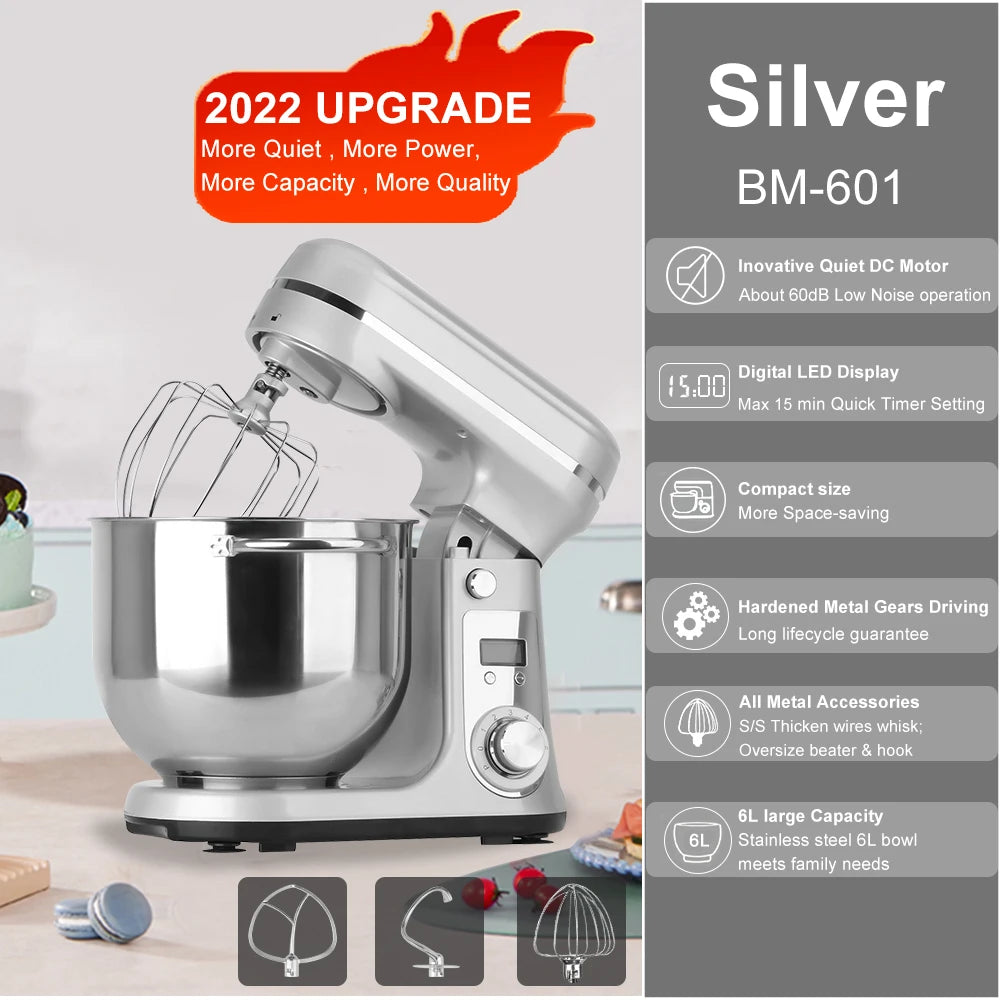 Kitchen Food Stand Mixer, Blender, Quiet Motor, Cream Egg Whisk, Whip Dough Kneader, 6-Speed, 1200 W, 6 L, DC