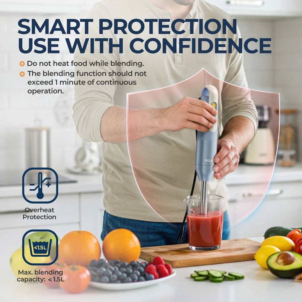 ROUNY Handheld Immersion Blender, 850W Stick Blender with Stainless Steel Blades, Splash Guard and One-Speed Control