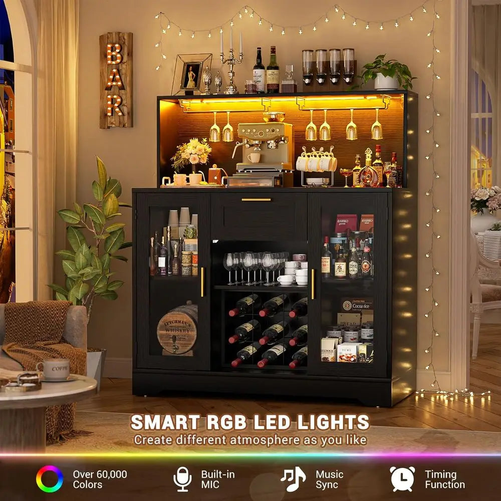 Wine Bar Cabinet with LED Light, Liquor Cabinet with Wine Rack and Glass Holder, Coffee Bar Cabinet, Sideboard Table