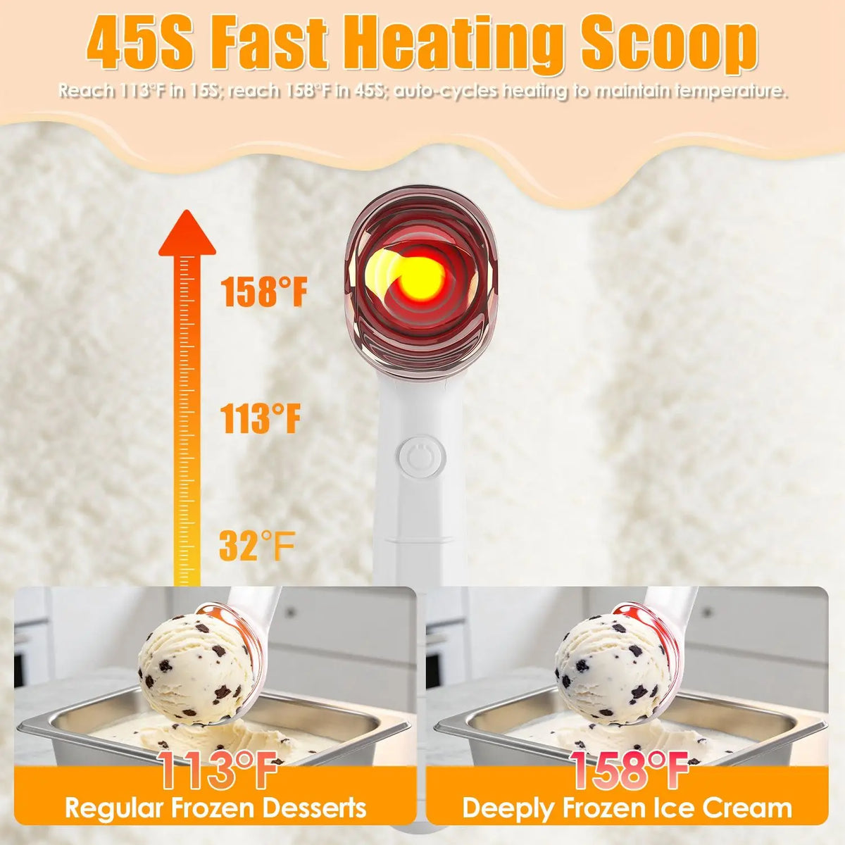 45-Second Fast Heat Electric Ice Cream Scoop, 2000mAh 30-Min Runtime, Non-Stick Smooth Round Scoop, IP66 Waterproof, for Hard Frozen Desserts, 1 Piece