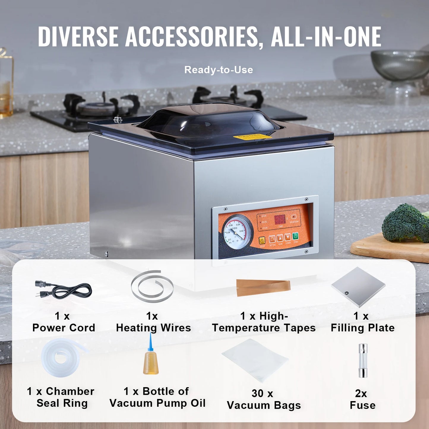 Chamber Vacuum Sealer 260W Vacuum Packing Machine with 10.2" Sealing Length for Wet Foods Meats Home Kitchen