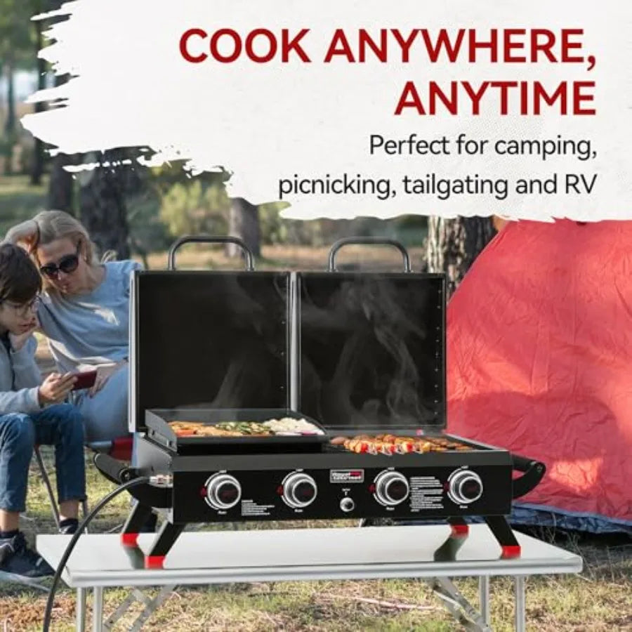 4 Burner Propane Gas Grill and Griddle Combo with Hood, 2-in-1 Portable Grill Griddle Combo with 40, 000 BTUs Output