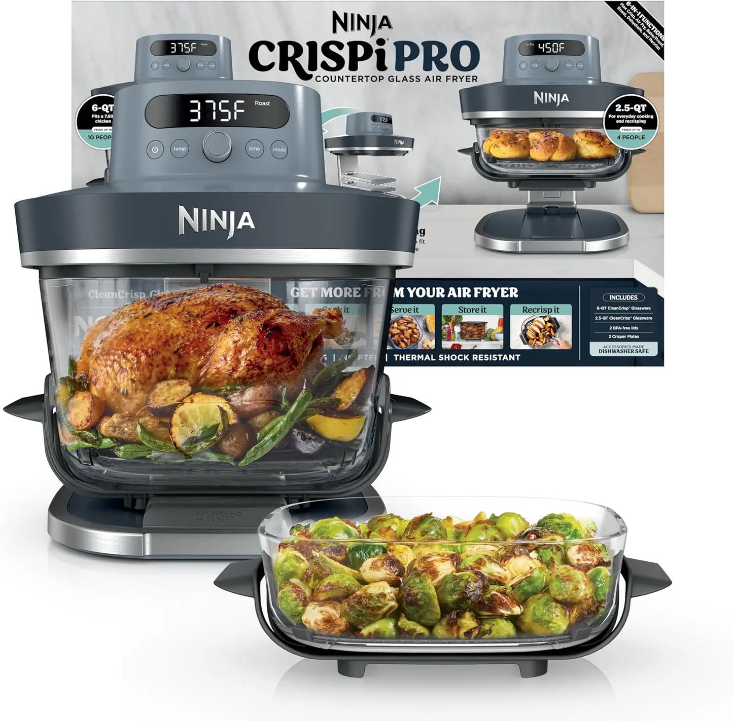 6-in-1 Glass Air Fryer | With Nontoxic, 6qt & 2.5qt Containers & Lids | Microwave, Freezer, Dishwasher Safe | 4