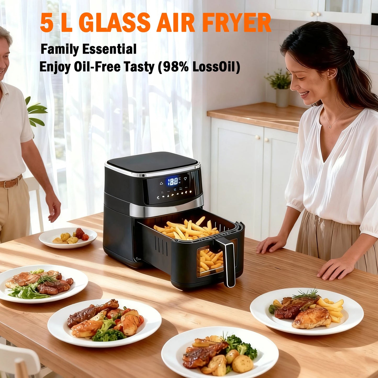 Air Fryer with Viewing Window 5.28 QT,8-in-1 Multi-Function(Air Fry,Roast,Bake,Reheat,Dehydrate) plus 8 One-Touch Presets for Wings,Fries,Steak and More,85% Less Oil Cooking for Families