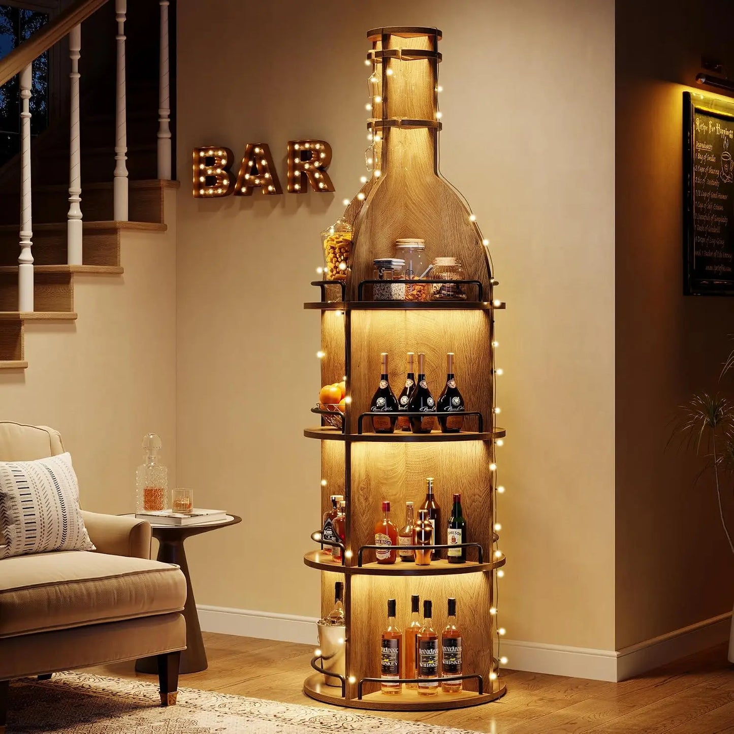 75 Inch Tall Freestanding Round Wine Storage Cabinet in Brown, Industrial Style Liquor Display Rack with Multi-Tier Storage Shelves & Built-In Hanging Goblet Holder, No Light Beverage Bar Station for Living Room & Basement