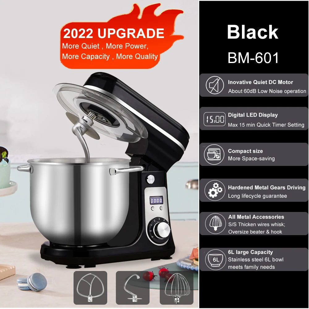 Kitchen Food Stand Mixer, Blender, Quiet Motor, Cream Egg Whisk, Whip Dough Kneader, 6-Speed, 1200 W, 6 L, DC