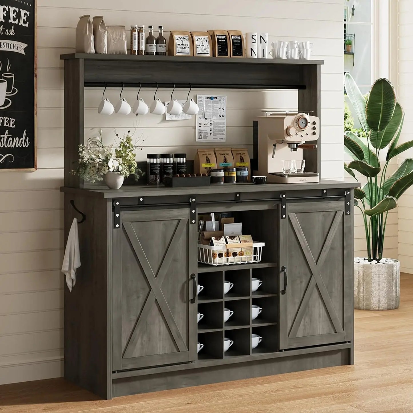 Grey 47 Inch Farmhouse Coffee Bar Cabinet with Attached Hutch, Freestanding Wine Storage Buffet Sideboard Equipped with Adjustable Inner Shelves & 9 Built-In Wine Bottle Racks, Multi-Compartment Beverage Console for Kitchen,