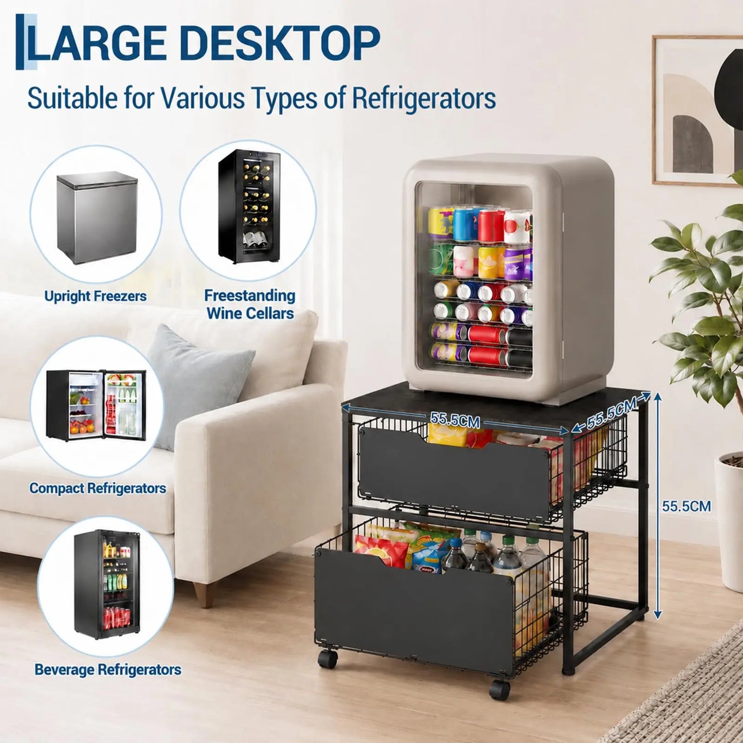 Small Fridge Stand With Metal Storage Drawer Basket And Steel Frame 4 Wheels 300 Lbs Capacity Brown Compact Multi-Functional Kitchen Organizer Table For Mini Fridge In Dorm And Office