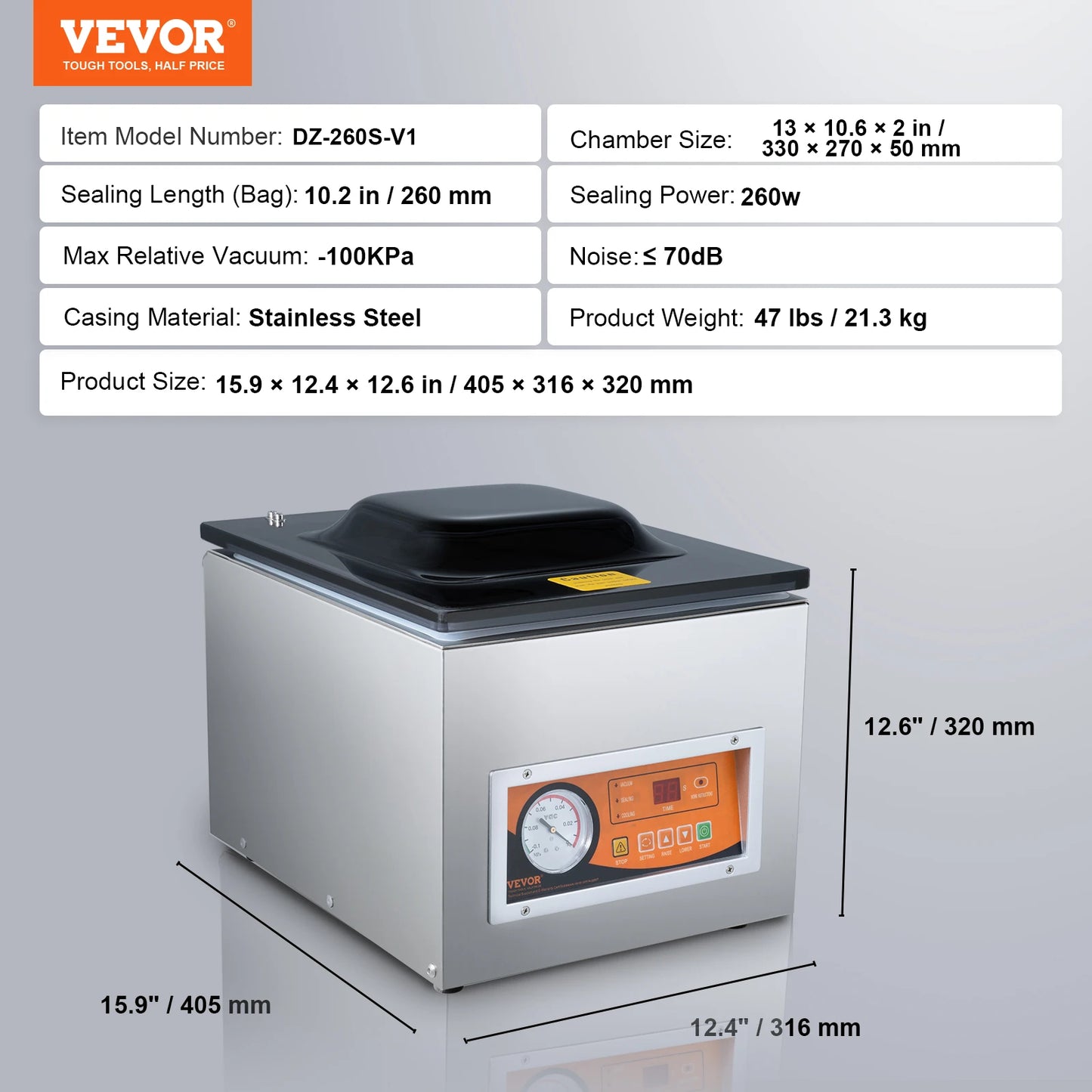 Chamber Vacuum Sealer 260W Vacuum Packing Machine with 10.2" Sealing Length for Wet Foods Meats Home Kitchen