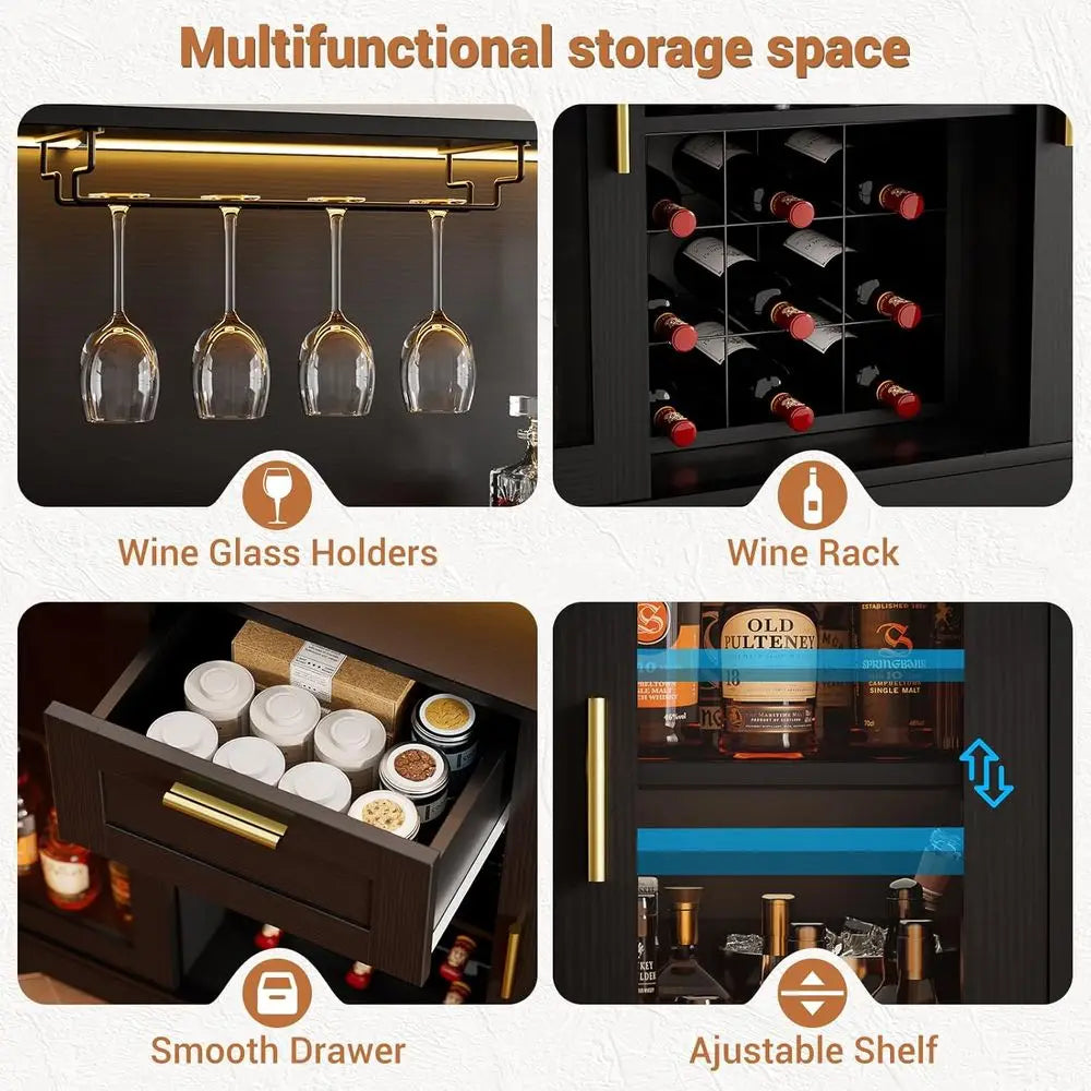 Wine Bar Cabinet with LED Light, Liquor Cabinet with Wine Rack and Glass Holder, Coffee Bar Cabinet, Sideboard Table