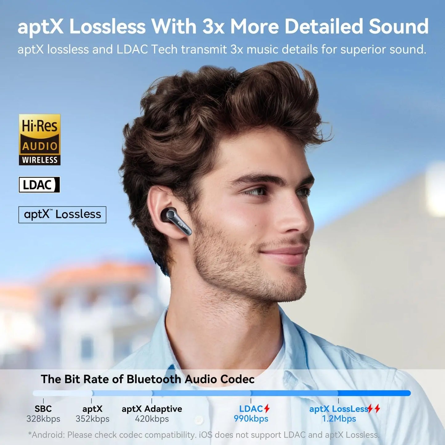 Adaptive Hybrid ANC Earbuds, Qualcomm Snapdragon Sound, aptX Lossless, 6 Mics AI CVC 8.0, LDAC, 52H Playtime, Bluetooth 5.4, In-Ear Detection