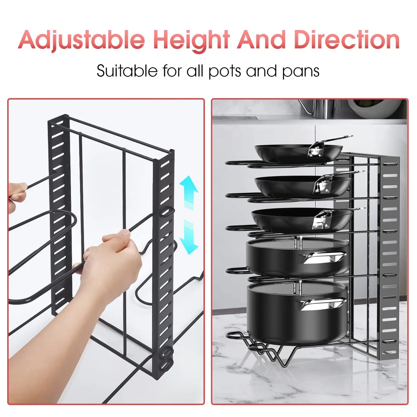 Pot Rack Organizer, 8 Tier Pots and Pans Organizer for Kitchen Organization & Storage, Adjustable Pot Lid Holders & Pan Rack