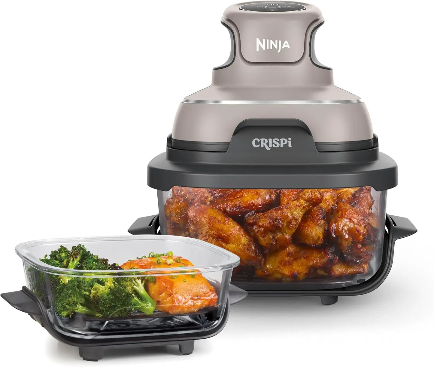 Crispi 4 in 1 Glass Air Fryer, 450°F, Non Toxic, 4QT and 6 Cup Containers with Lids, Dishwasher Safe, Stone, 1 Count, FN10