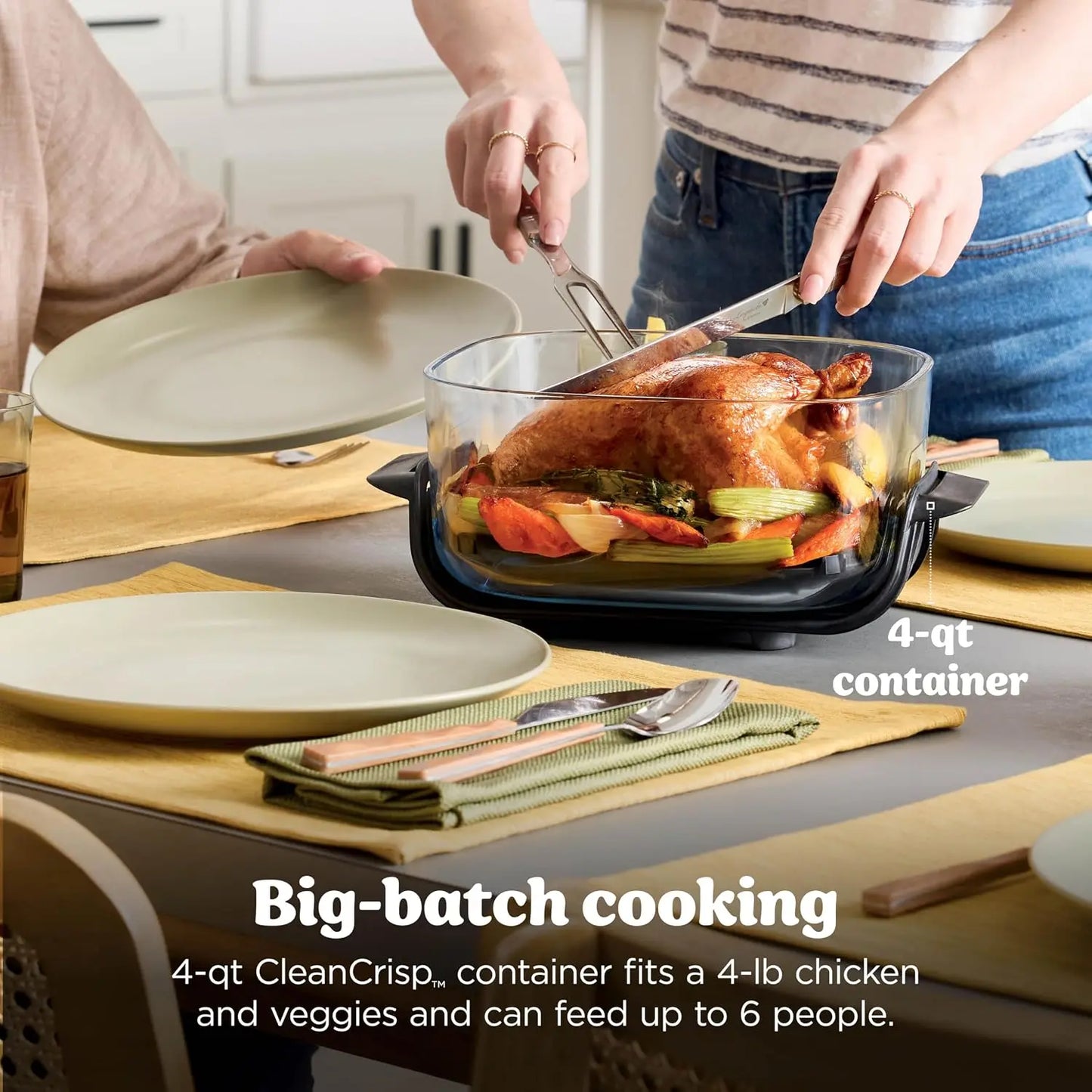 Crispi 4 in 1 Glass Air Fryer, 450°F, Non Toxic, 4QT and 6 Cup Containers with Lids, Dishwasher Safe, Stone, 1 Count, FN10