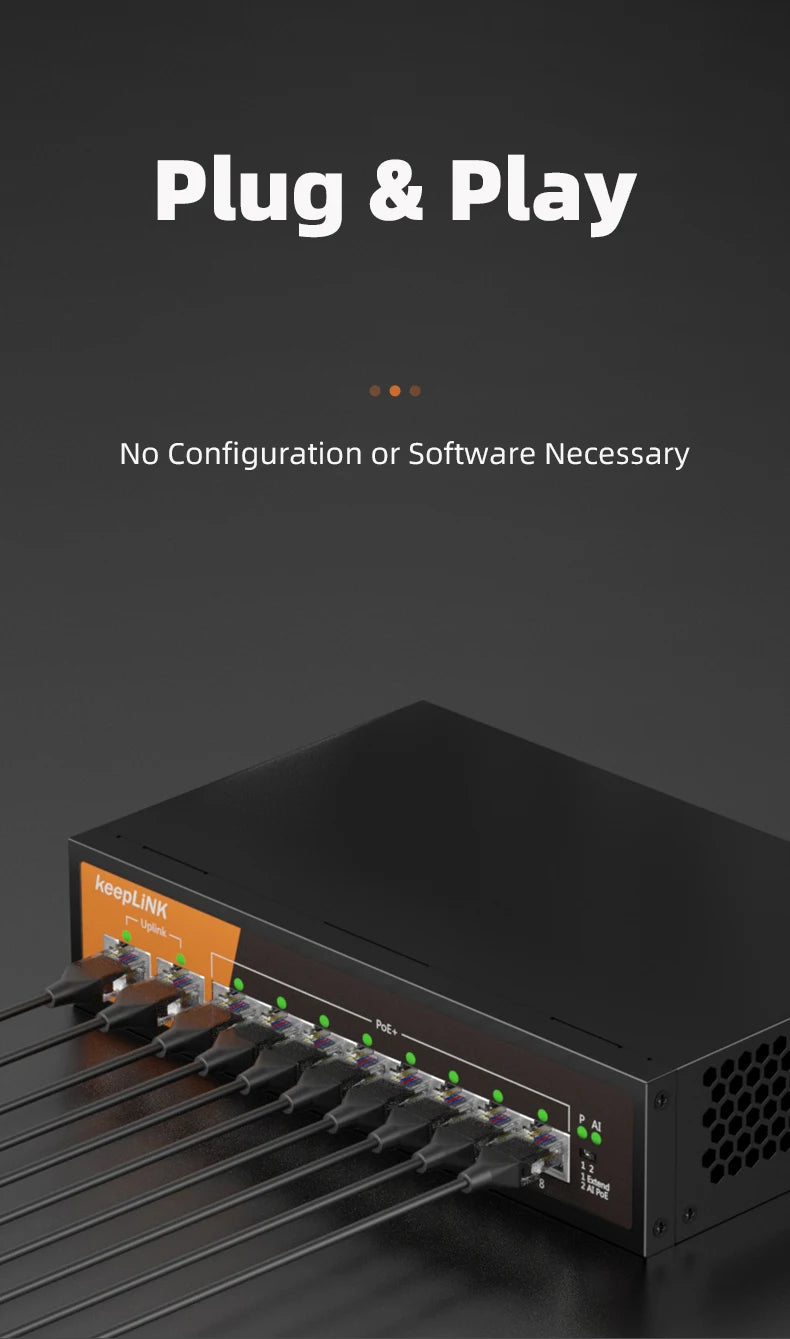 KeepLiNK 10-Port Gigabit Ethernet Switch with 8-PoE Ports and 2-RJ45 Copper Uplink Plug and Play