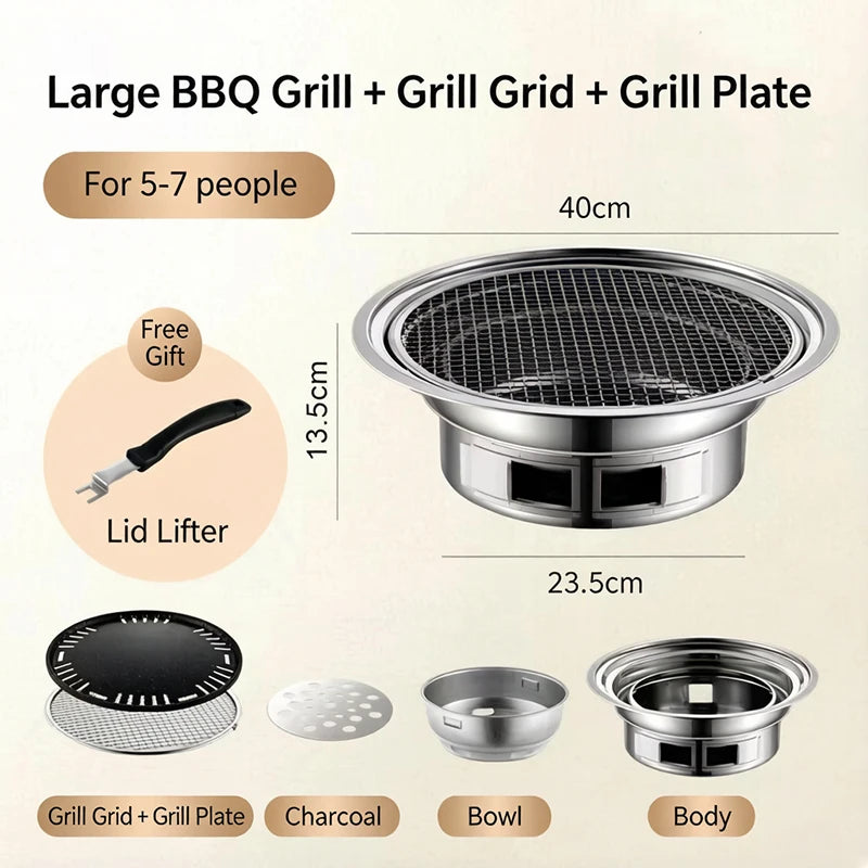 Japanese Korean Stainless Steel Hibachi BBQ Picnic Table Round Grill Outdoor & Indoor Barbecue Stove Cooker Portable