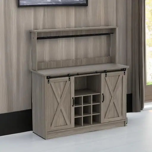 Grey 47 Inch Farmhouse Coffee Bar Cabinet with Attached Hutch, Freestanding Wine Storage Buffet Sideboard Equipped with Adjustable Inner Shelves & 9 Built-In Wine Bottle Racks, Multi-Compartment Beverage Console for Kitchen,