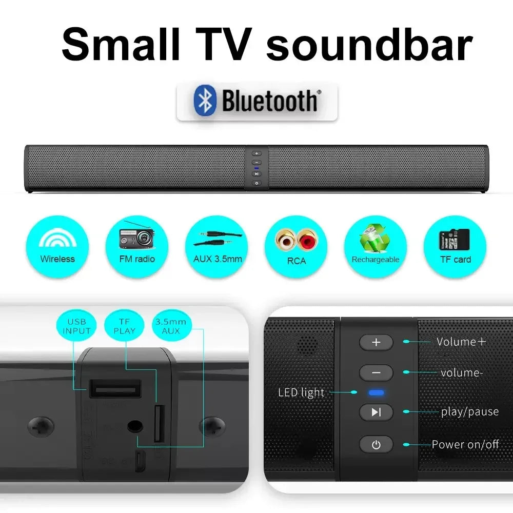 Detachable Home Sound Bar with FM Radio Audio Surround Stereo Bass Powerful 20W Speaker USB TF Card Bluetooth Soundbar for TV PC