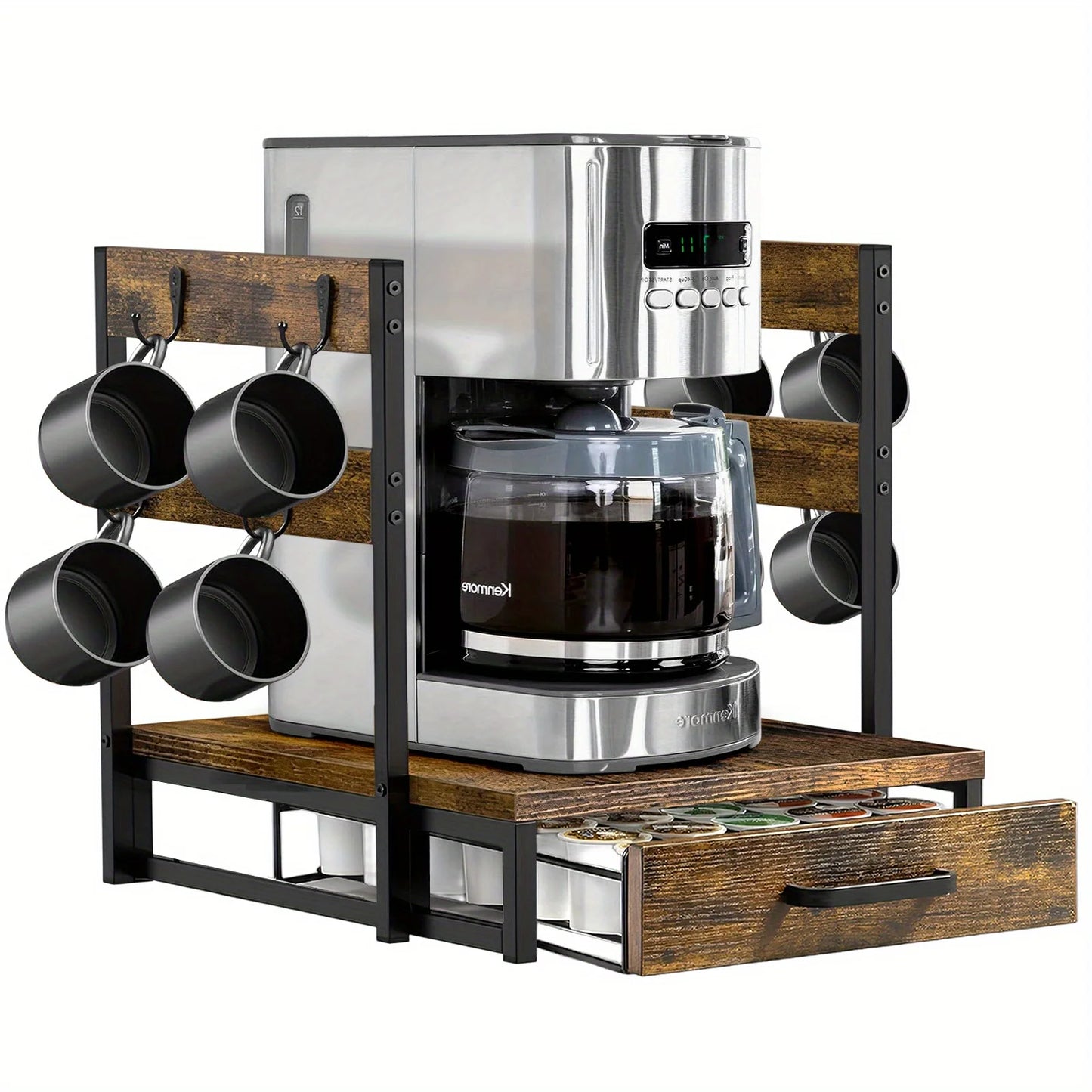 coffee pod Holder Drawer with Mug Rack – Compact Coffee Pod Organizer for Countertop, Sturdy Storage for Up to 35 Pods, Fits Most Sin