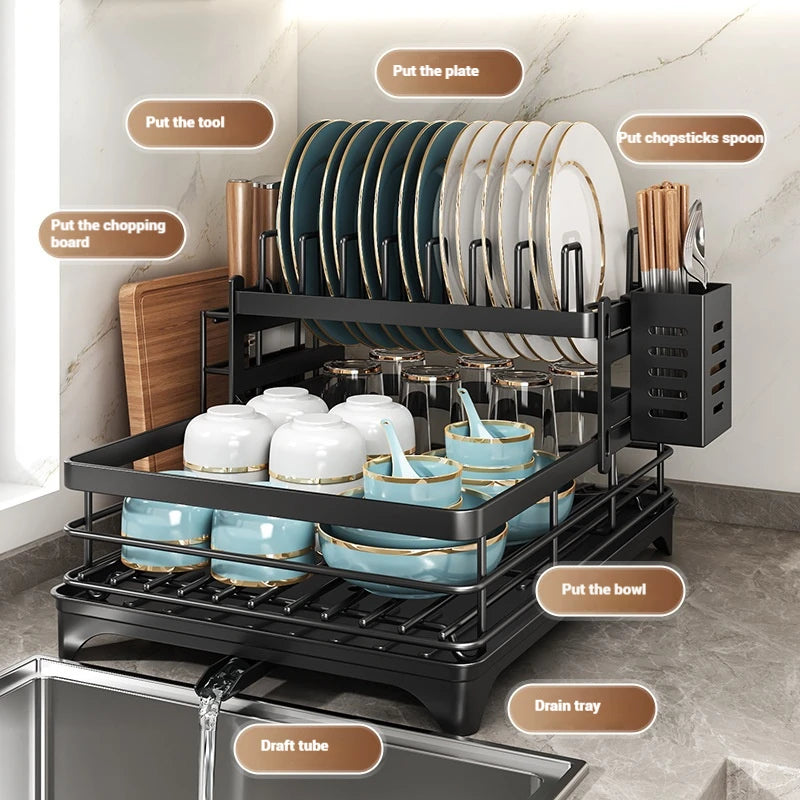 Stainless Steel Dish Drying Rack Adjustable Kitchen Plates Organizer with Drainboard Over Sink Plate Drainer Storage Organizer